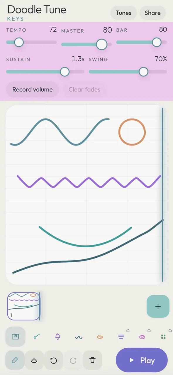 Doodle Tune on iPhone: four coloured lines drawn on a grid, each one a different instrument